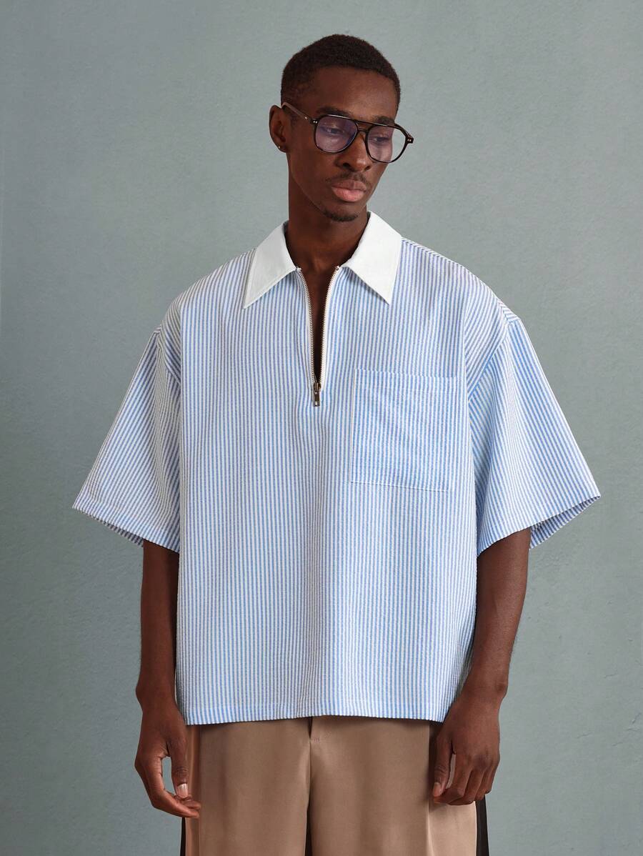 Chemises surdimensionnées polo rayée décontractée et oversize, zip à mi-hauteur