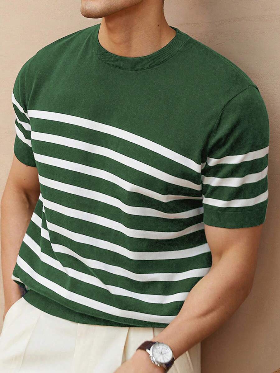 Chemise décontractée à rayures et col ras du cou - Mode masculine au quotidien