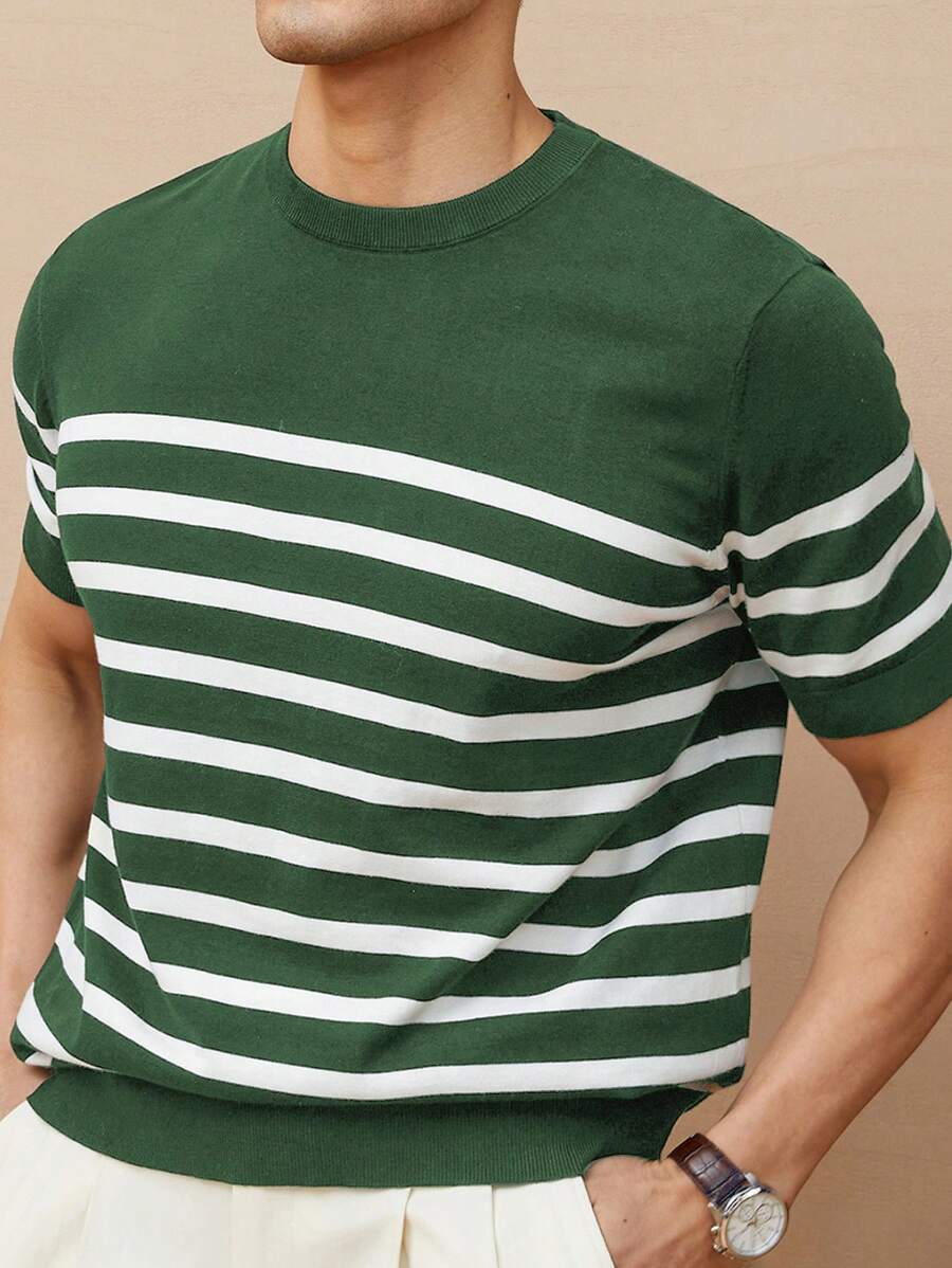 Chemise décontractée à rayures et col ras du cou - Mode masculine au quotidien