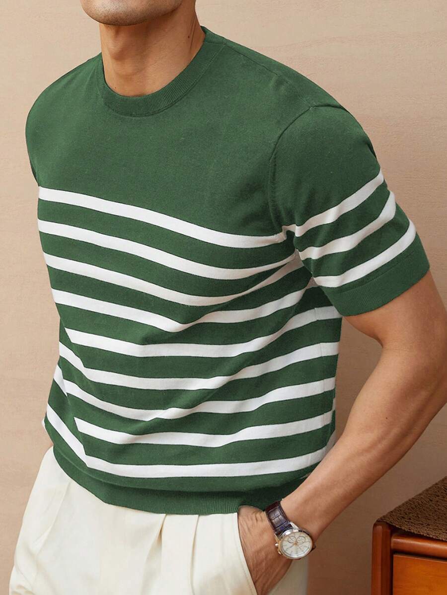 Chemise décontractée à rayures et col ras du cou - Mode masculine au quotidien