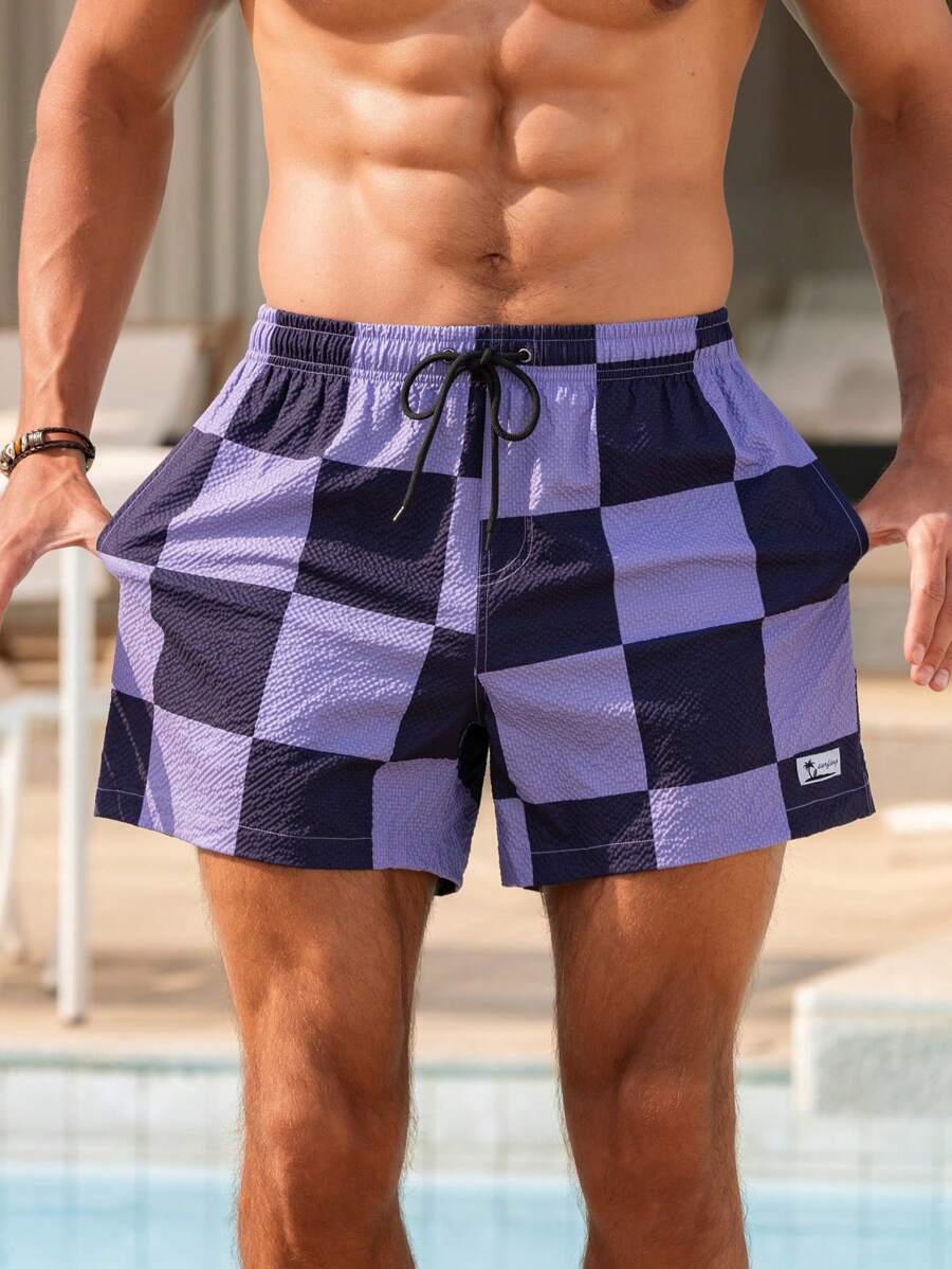 Short court imprimé damier avec cordon de serrage et taille élastique