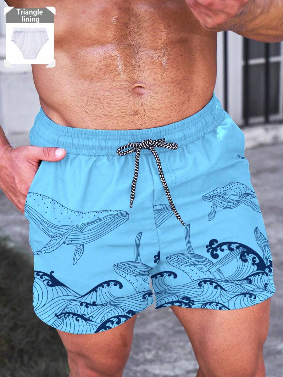 Short court imprimé vagues hawaïennes et baleines pour homme