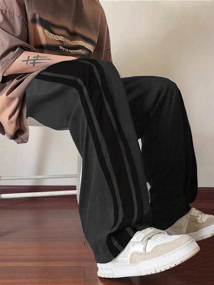 Pantalon d'été ample et respirant pour homme, coupe droite, avec bandes latérales