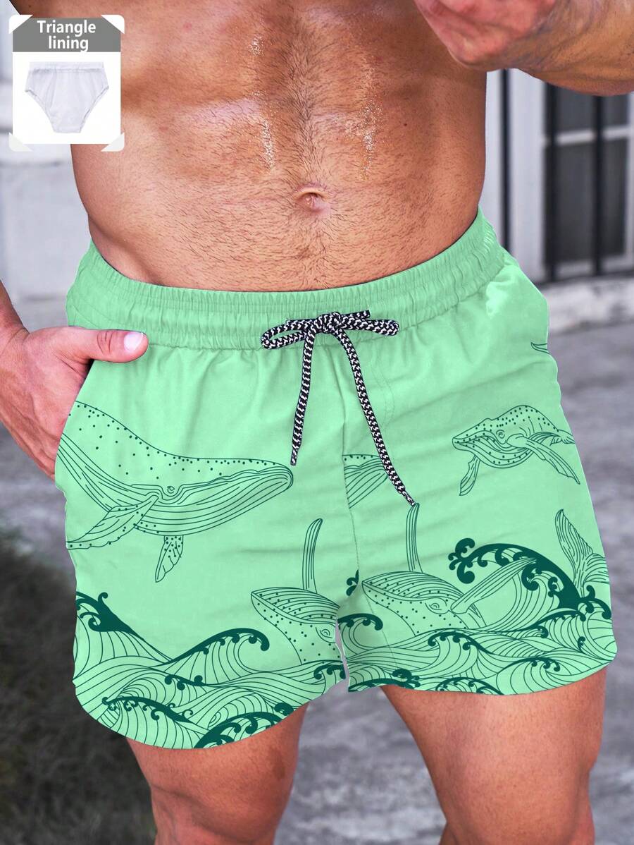 Short court imprimé vagues hawaïennes et baleines pour homme