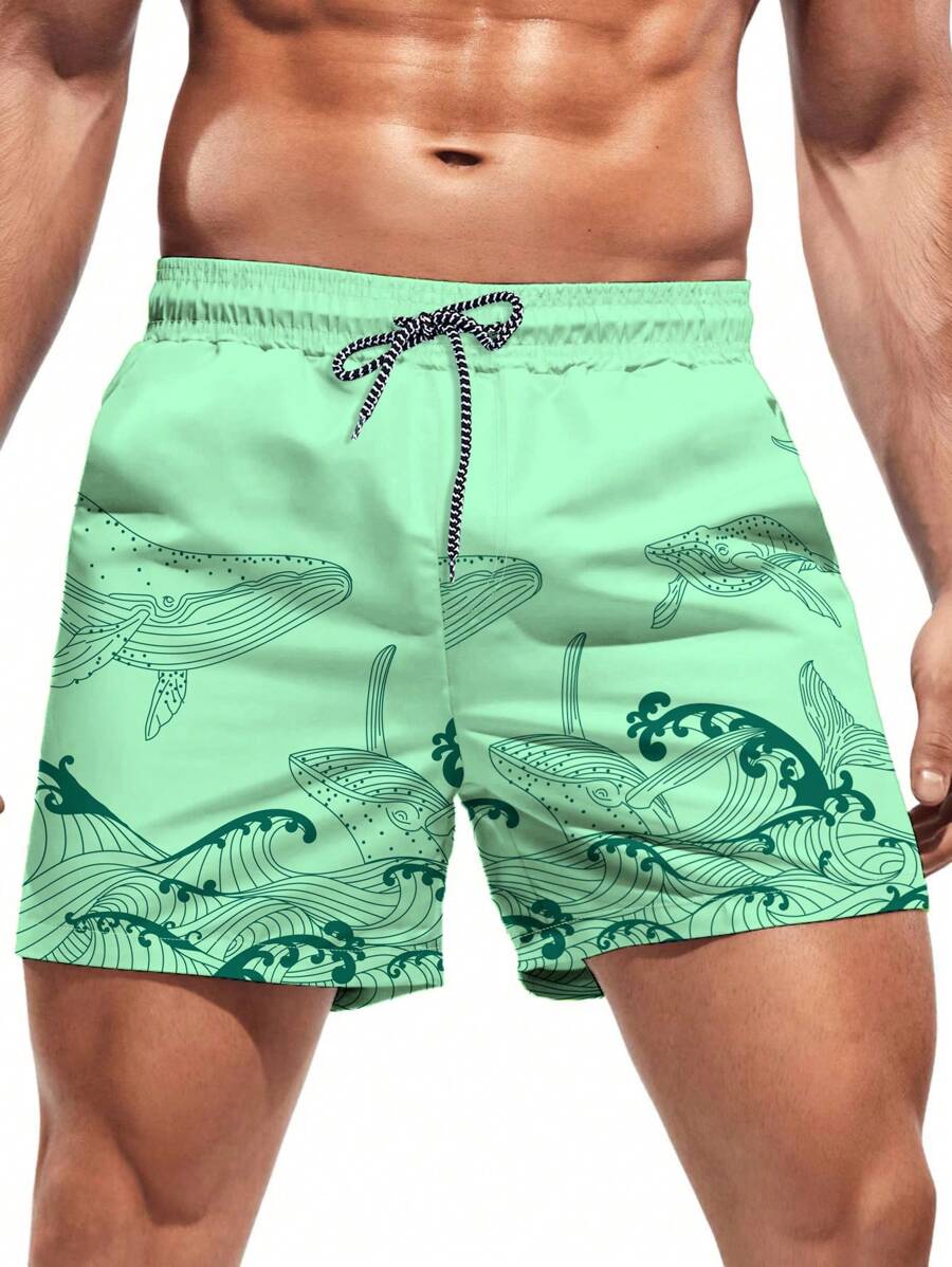 Short court imprimé vagues hawaïennes et baleines pour homme