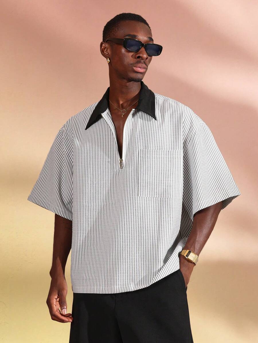 Chemises surdimensionnées polo rayée décontractée et oversize, zip à mi-hauteur