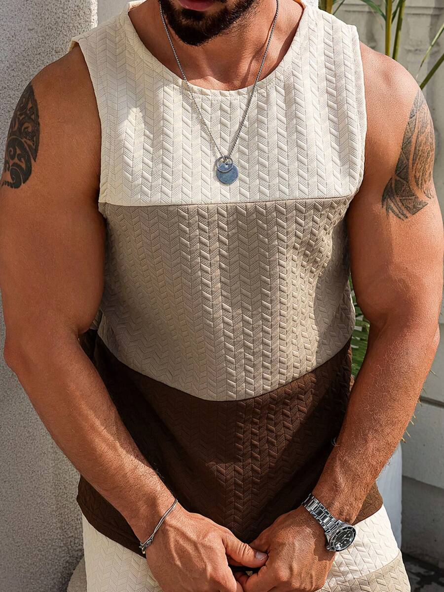 Chemise sans manches décontractée aux tons terreux et à la texture contrastée pour homme