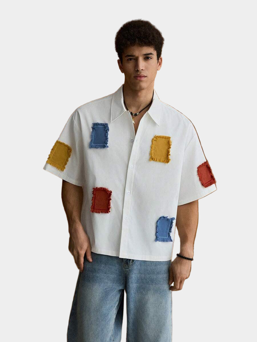 Chemise jacquard brodée à appliqués color-block – surdimensionnée, tenue d'été