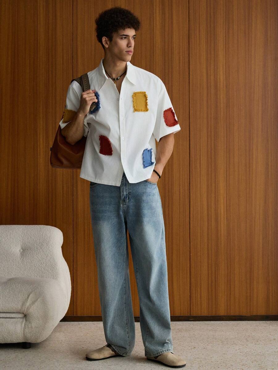 Chemise jacquard brodée à appliqués color-block – surdimensionnée, tenue d'été