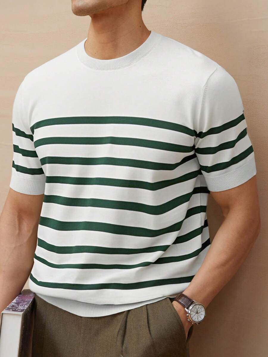 Chemise décontractée à rayures et col ras du cou - Mode masculine au quotidien