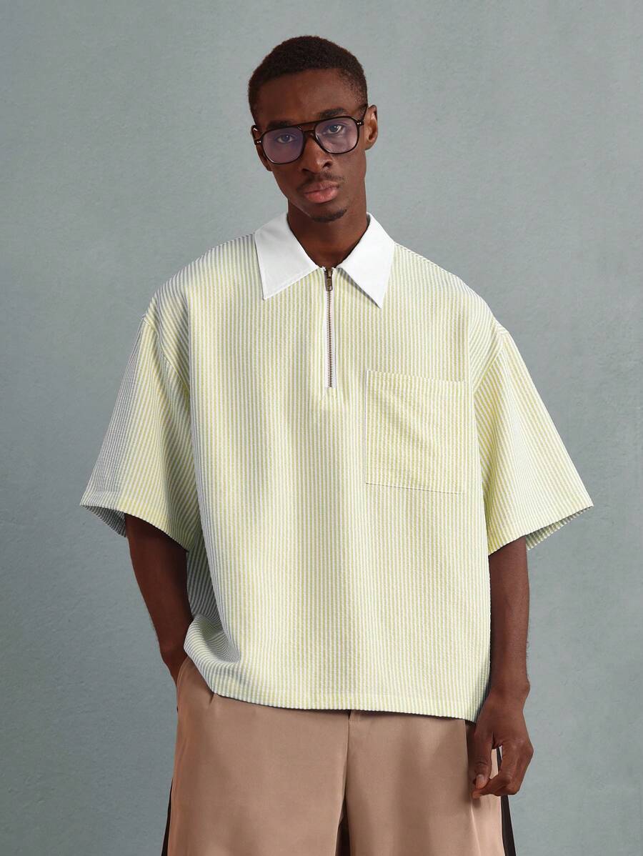 Chemises surdimensionnées polo rayée décontractée et oversize, zip à mi-hauteur