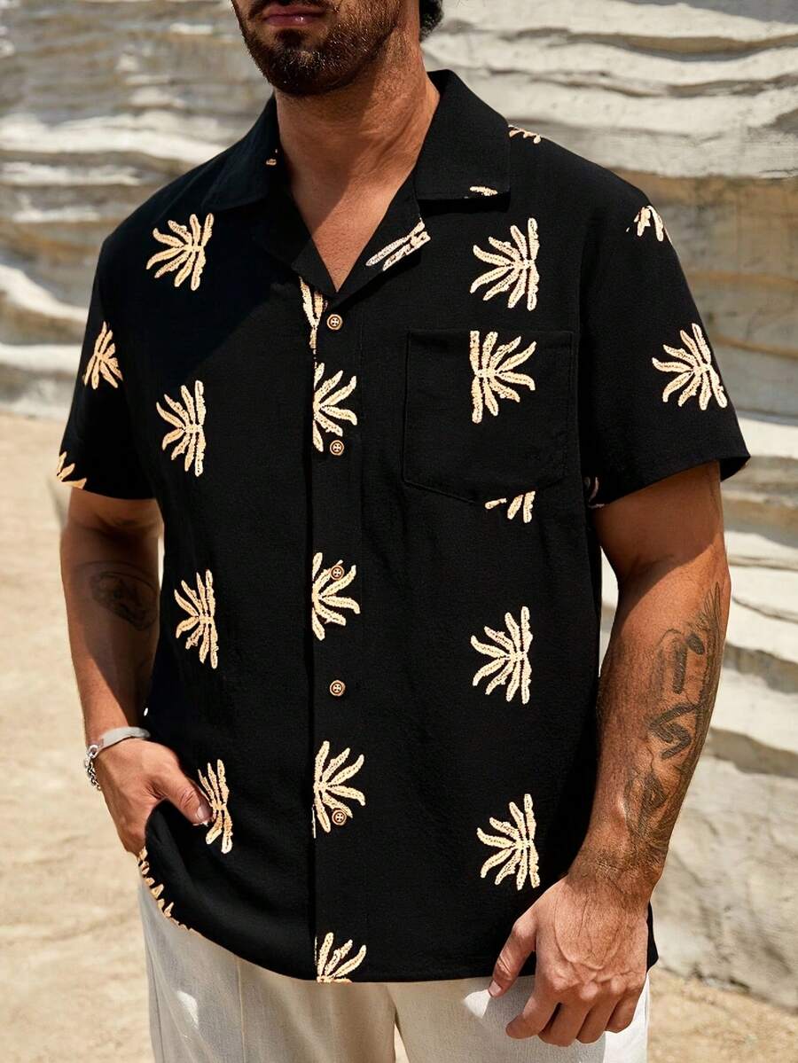 Chemise jacquard brodée tropicale pour homme - Manches chauve-souris légères