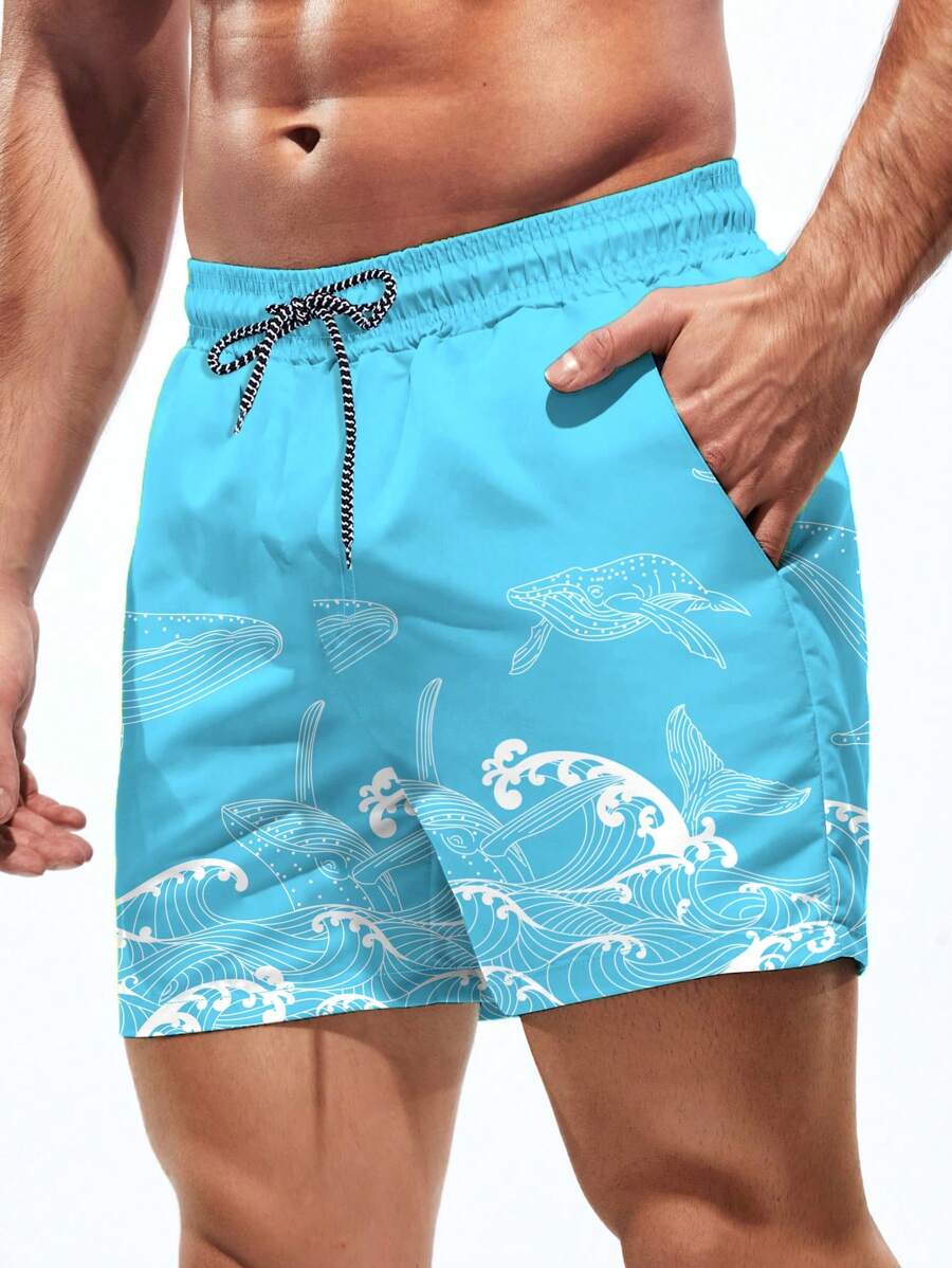 Short court imprimé vagues hawaïennes et baleines pour homme