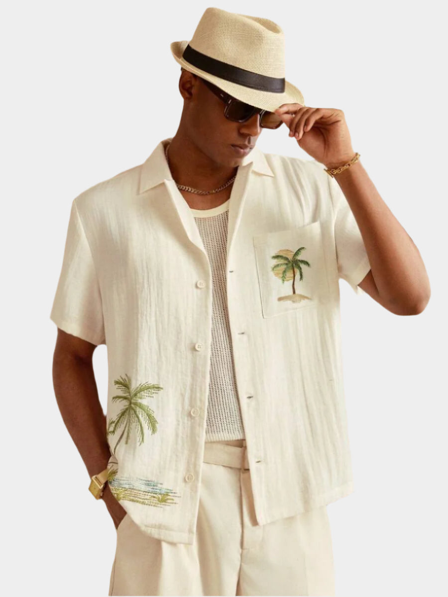 Chemise décontractée en lin brodée motif palmier pour homme – Vêtements de plage