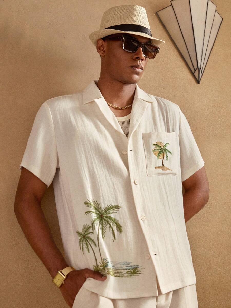 Chemise décontractée en lin brodée motif palmier pour homme – Vêtements de plage