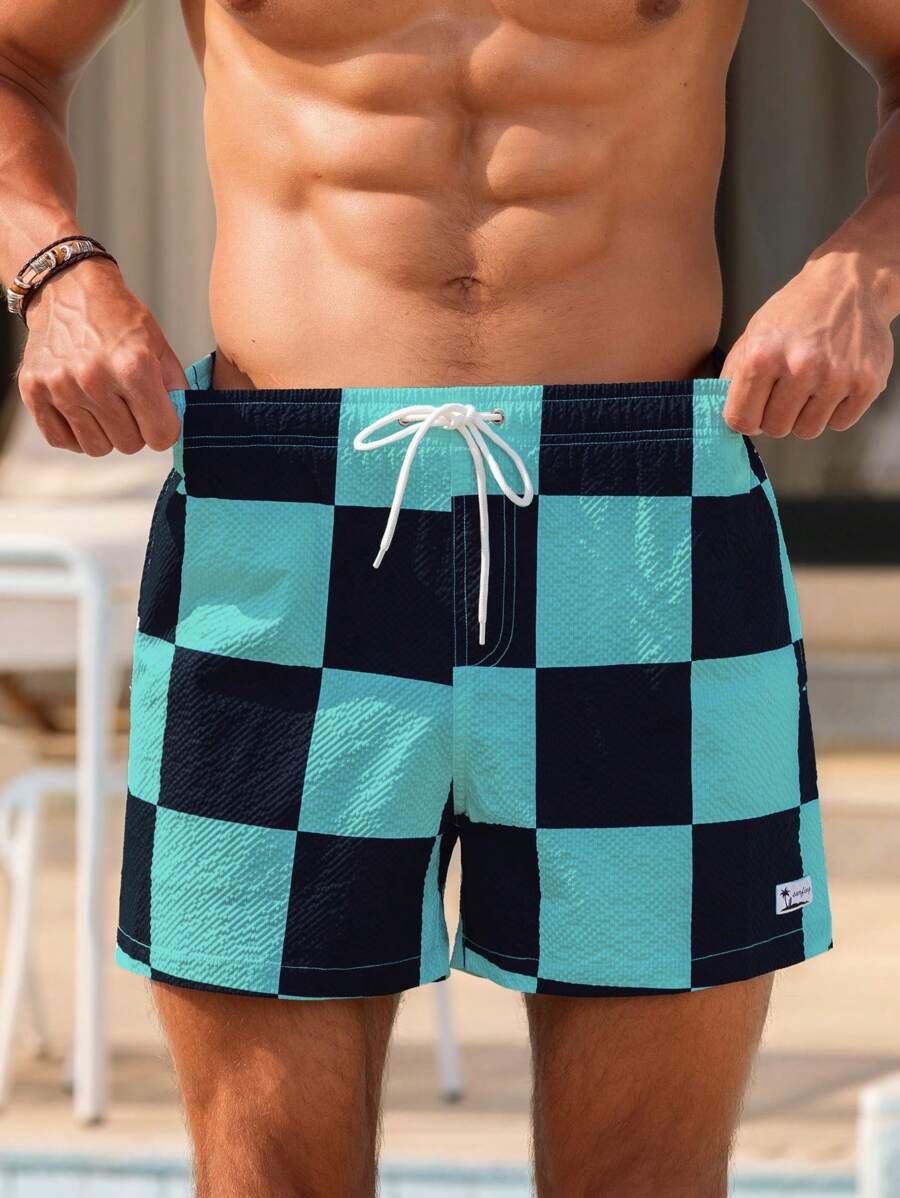 Short court imprimé damier avec cordon de serrage et taille élastique