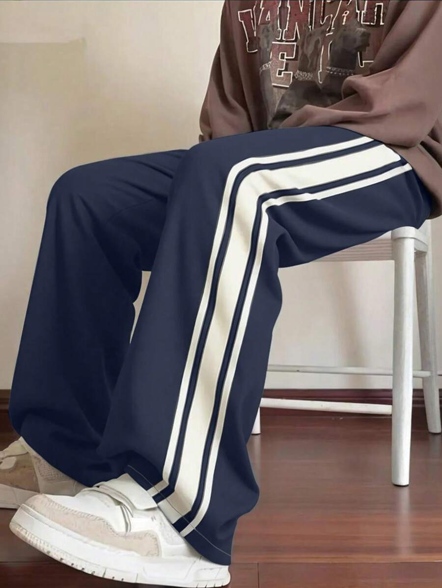 Pantalon d'été ample et respirant pour homme, coupe droite, avec bandes latérales