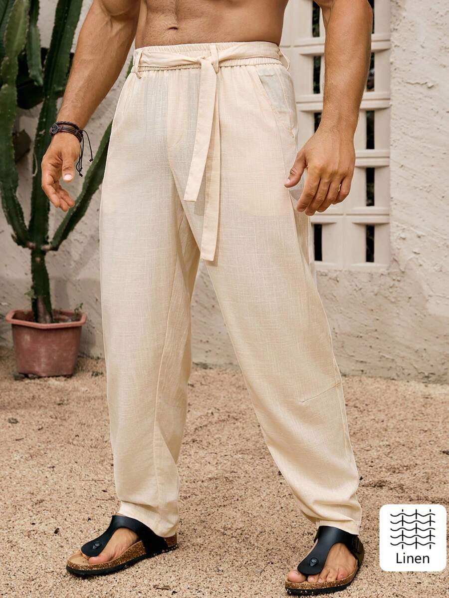 Pantalon de lin coupe droite pour homme – Taille nouée décontractée