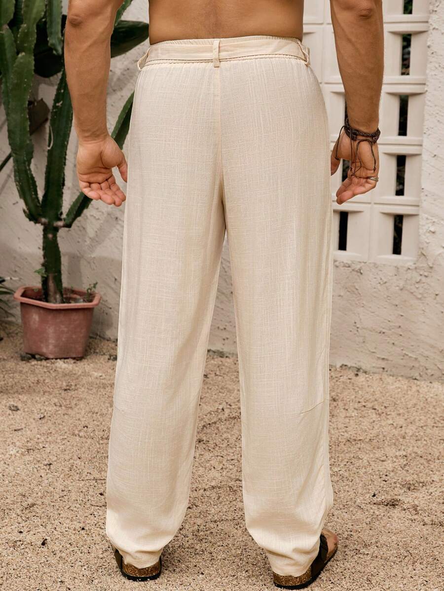 Pantalon de lin coupe droite pour homme – Taille nouée décontractée