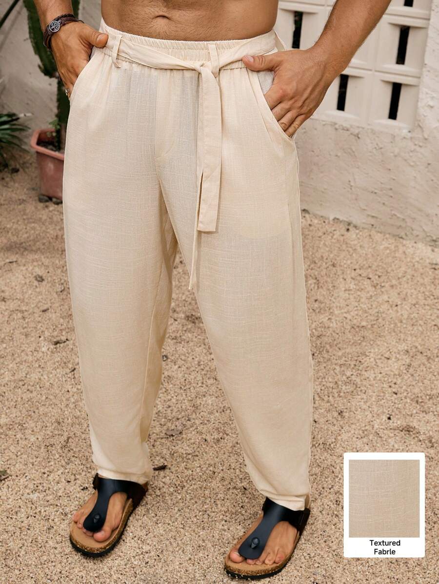 Pantalon de lin coupe droite pour homme – Taille nouée décontractée