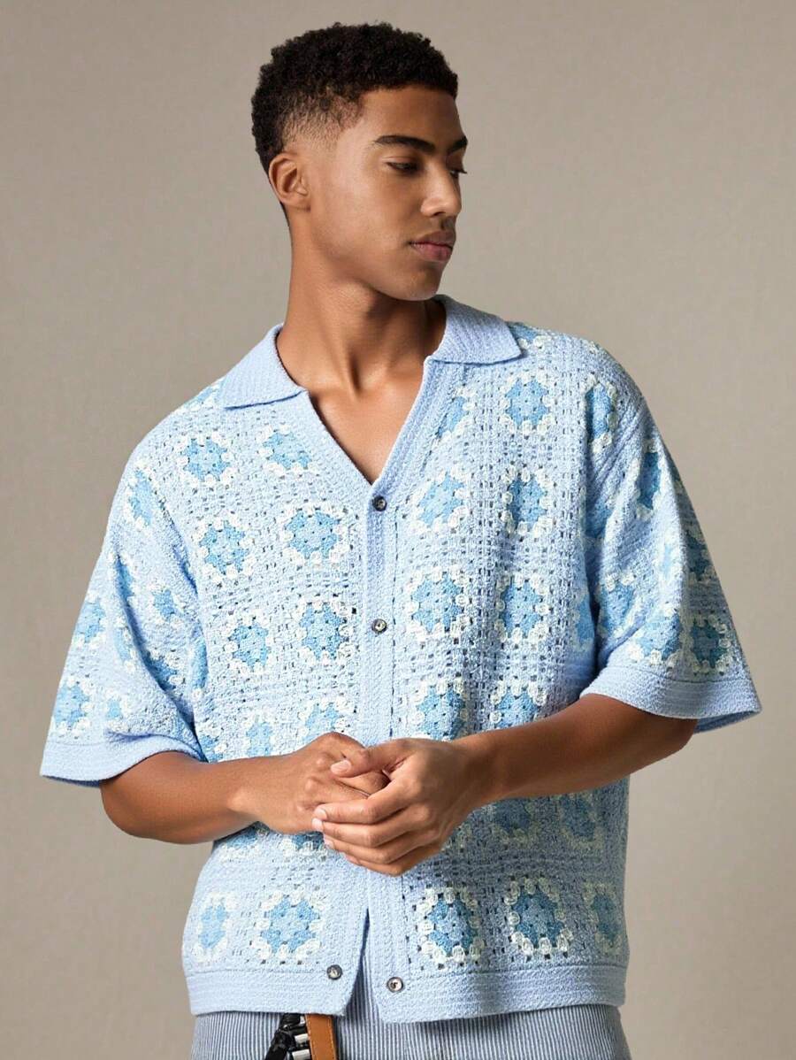 Chemises au crochet tendance homme col cubain été style vintage