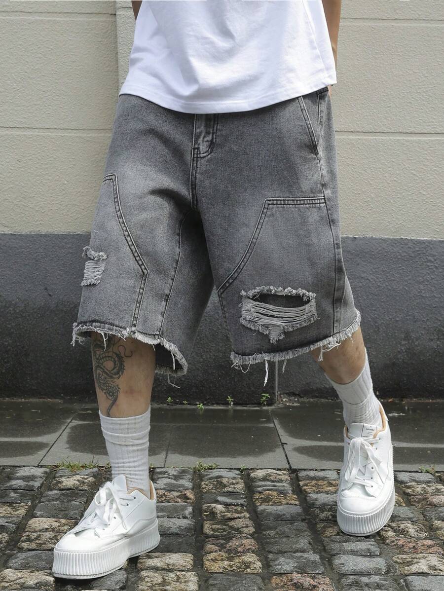 Jorts denim à franges effet usé streetwear casual tendance pour homme
