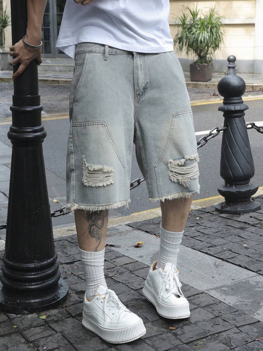 Jorts denim à franges effet usé streetwear casual tendance pour homme