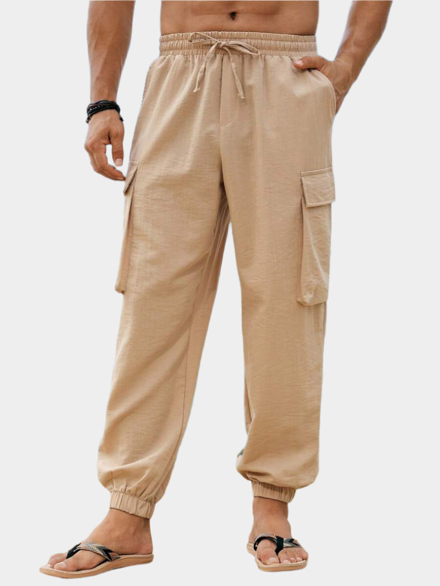Pantalon de lin avec poches cargo pour homme – Ourlet élastique décontracté