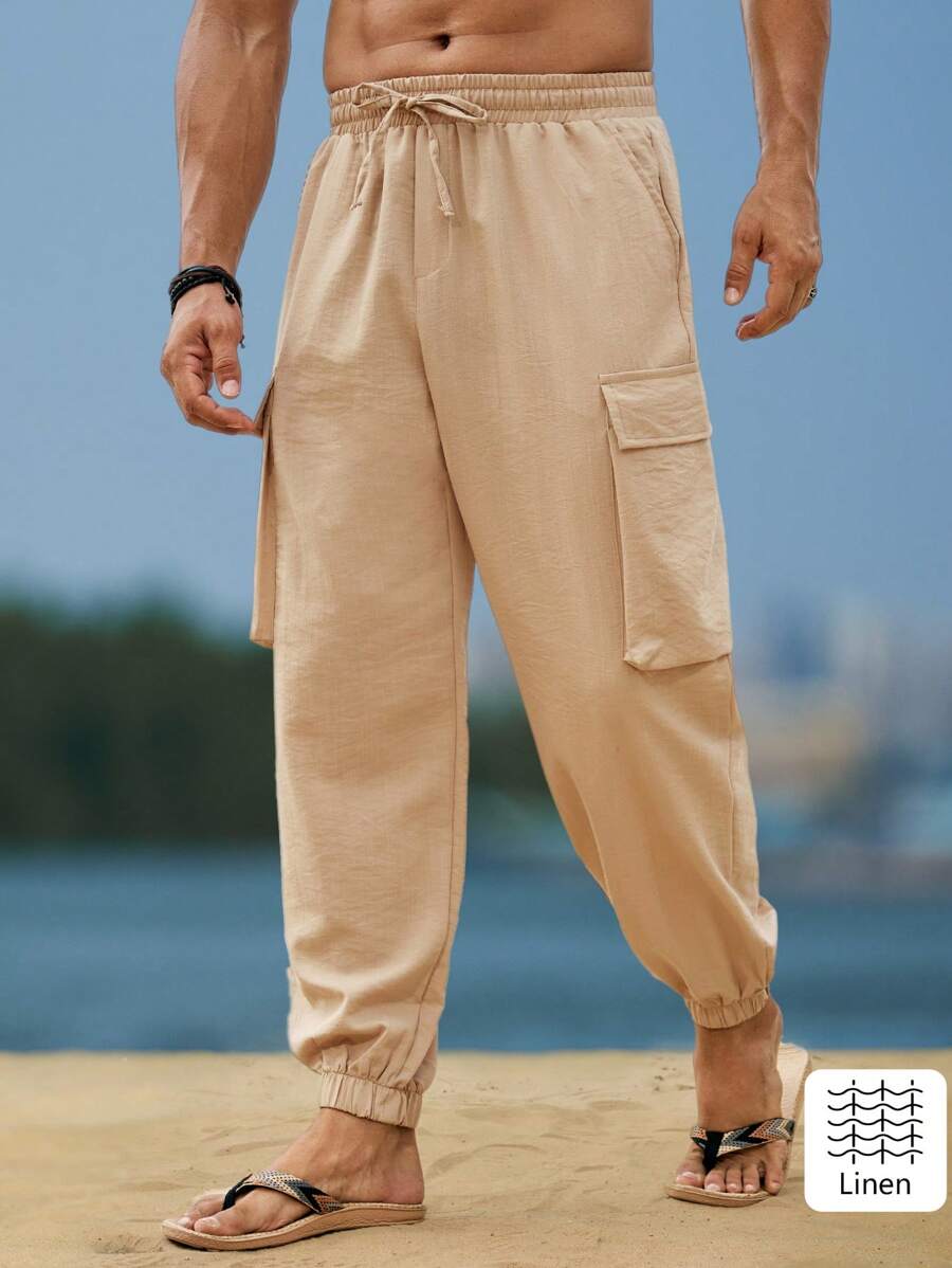 Pantalon de lin avec poches cargo pour homme – Ourlet élastique décontracté