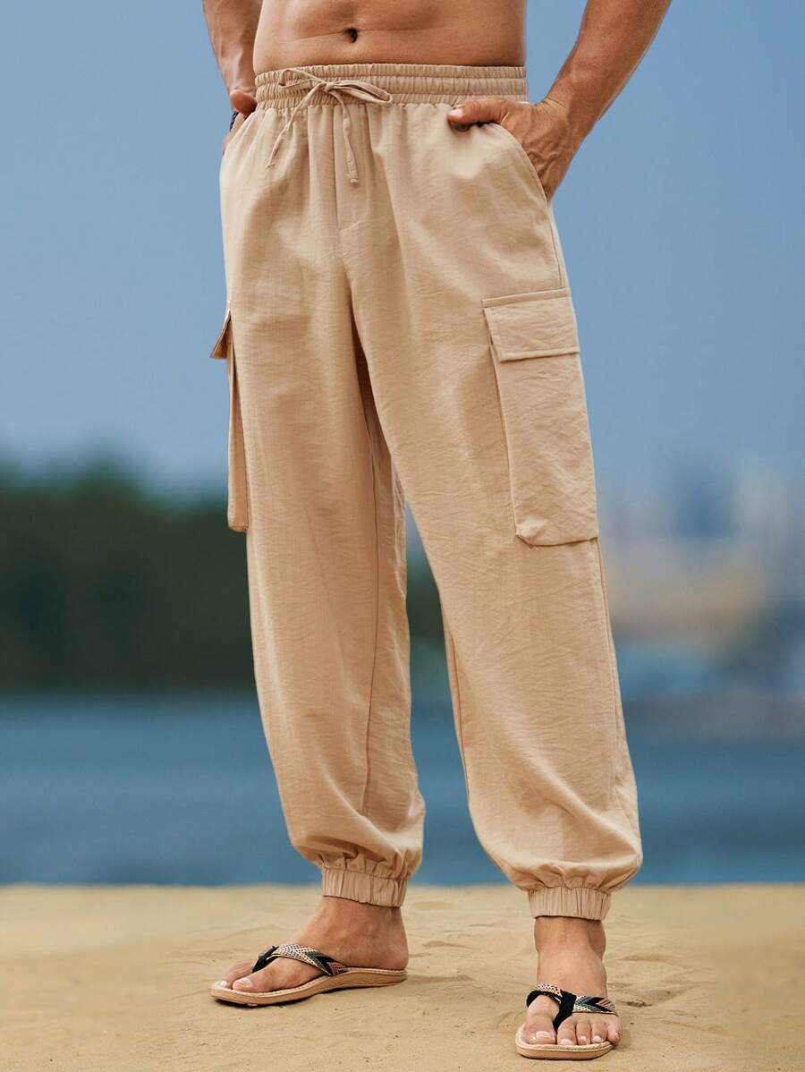 Pantalon de lin avec poches cargo pour homme – Ourlet élastique décontracté