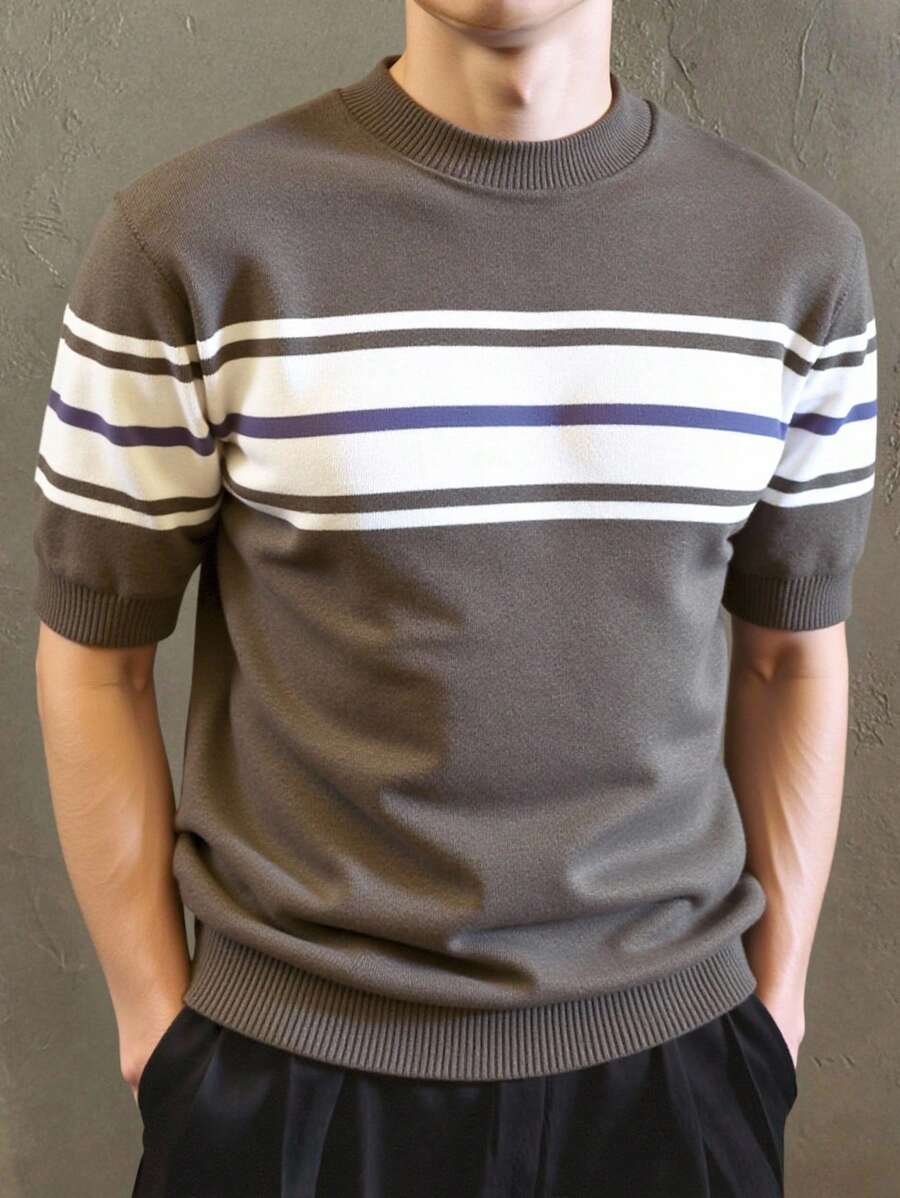 Chemise à rayures décontractée à col ras du cou et manches courtes pour homme