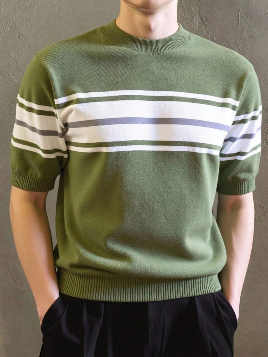 Chemise à rayures décontractée à col ras du cou et manches courtes pour homme