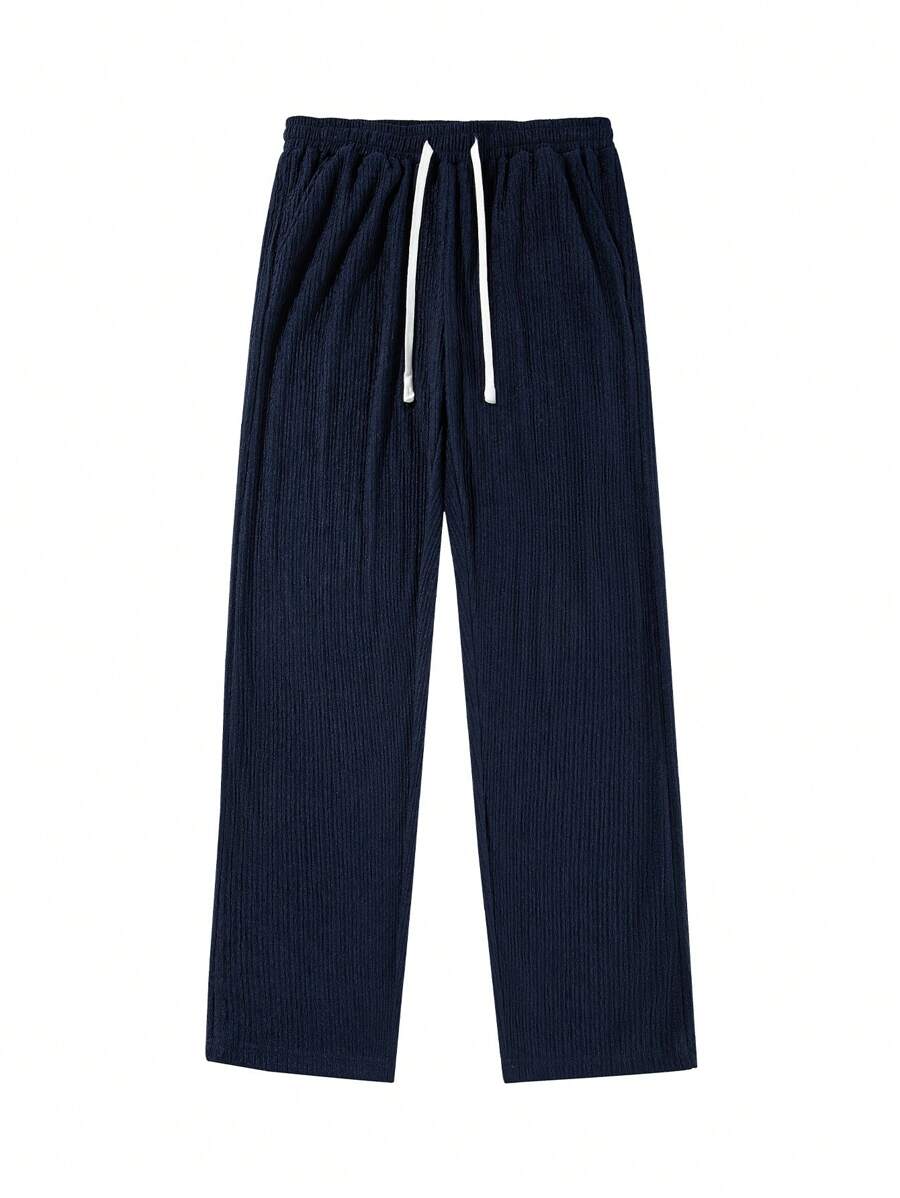 Pantalon droit décontracté en tissu froissé de couleur unie pour homme