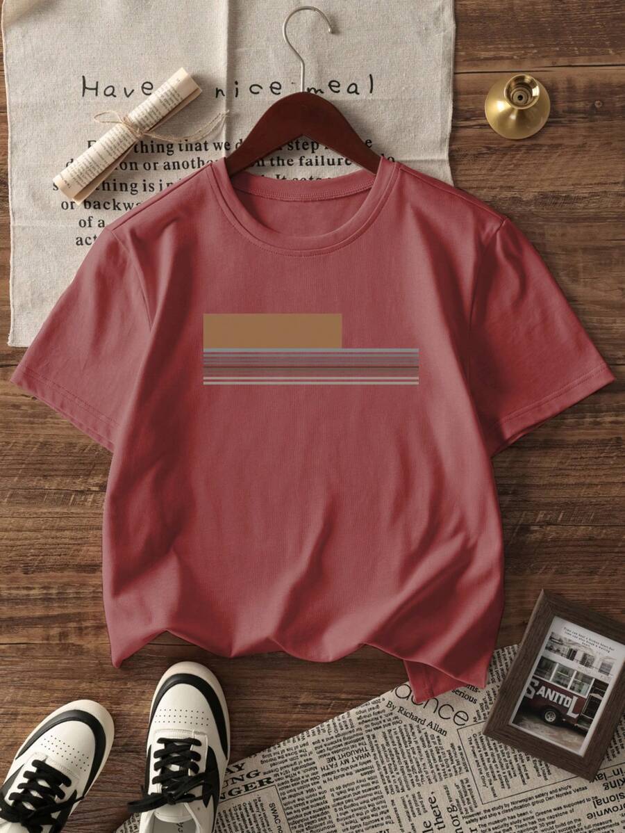 Chemise à col rond imprimée rayures style casual moderne été