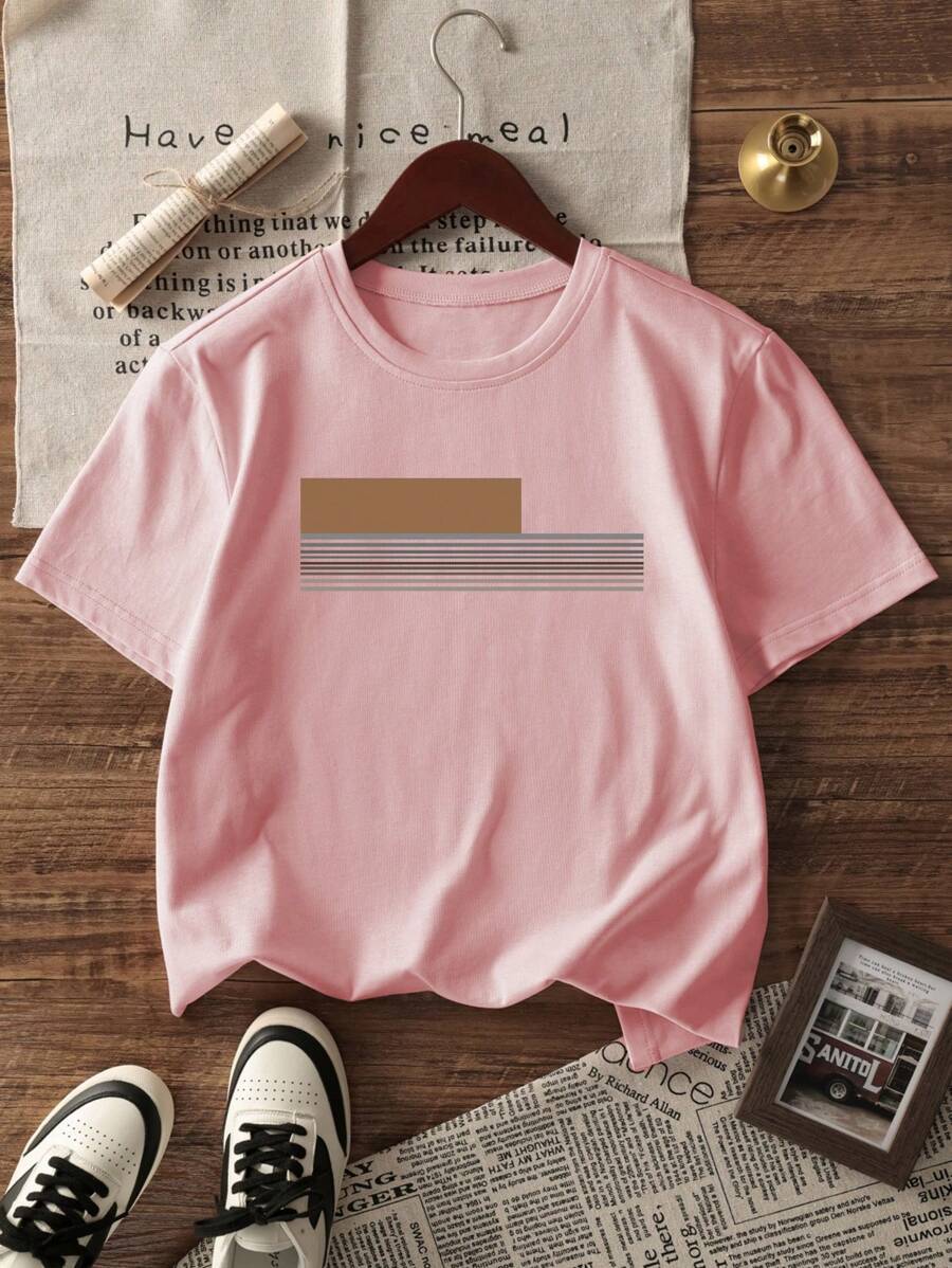 Chemise à col rond imprimée rayures style casual moderne été
