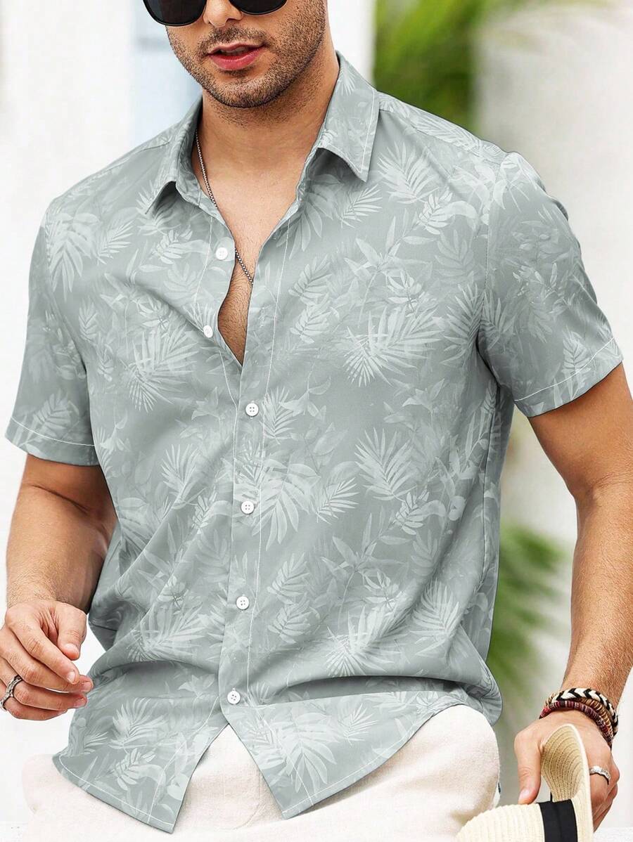 Chemise boutonnée décontractée à manches courtes et col imprimé graphique tropical