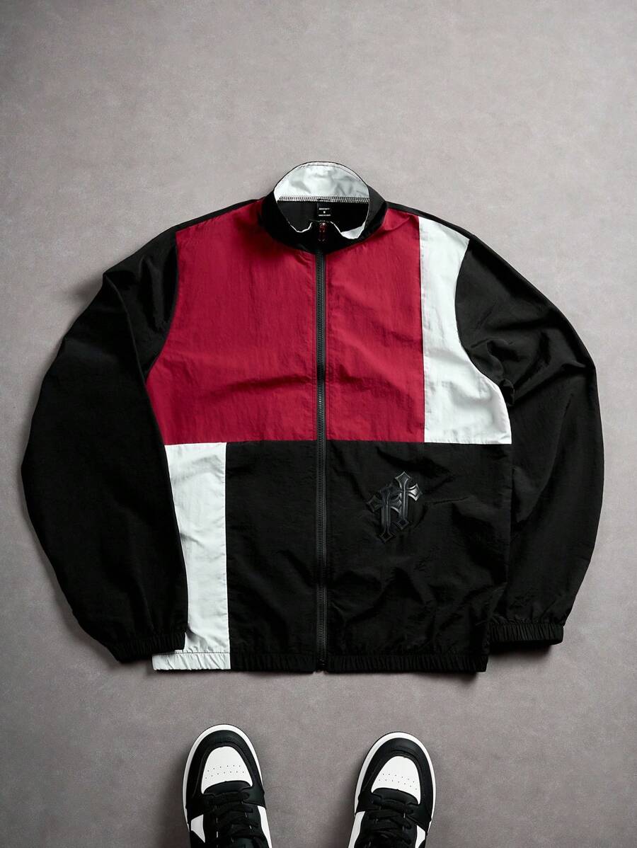 Coupe-vent zippé colorblock avec cordon de serrage et col cheminée