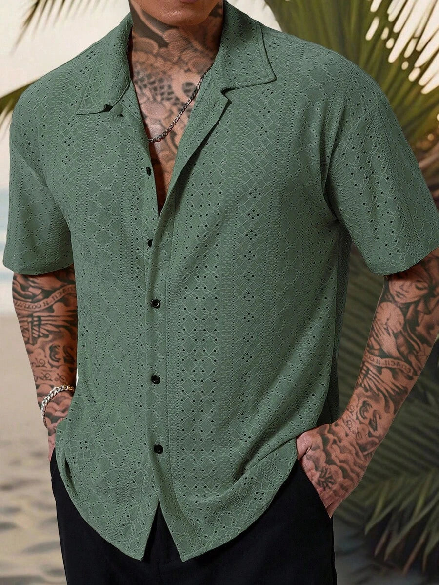 Chemise jacquard texturée au crochet pour homme - Tricot géométrique décontracté