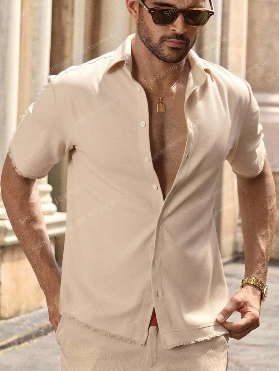 Chemise boutonnée classique à col chinois avec texture pour homme