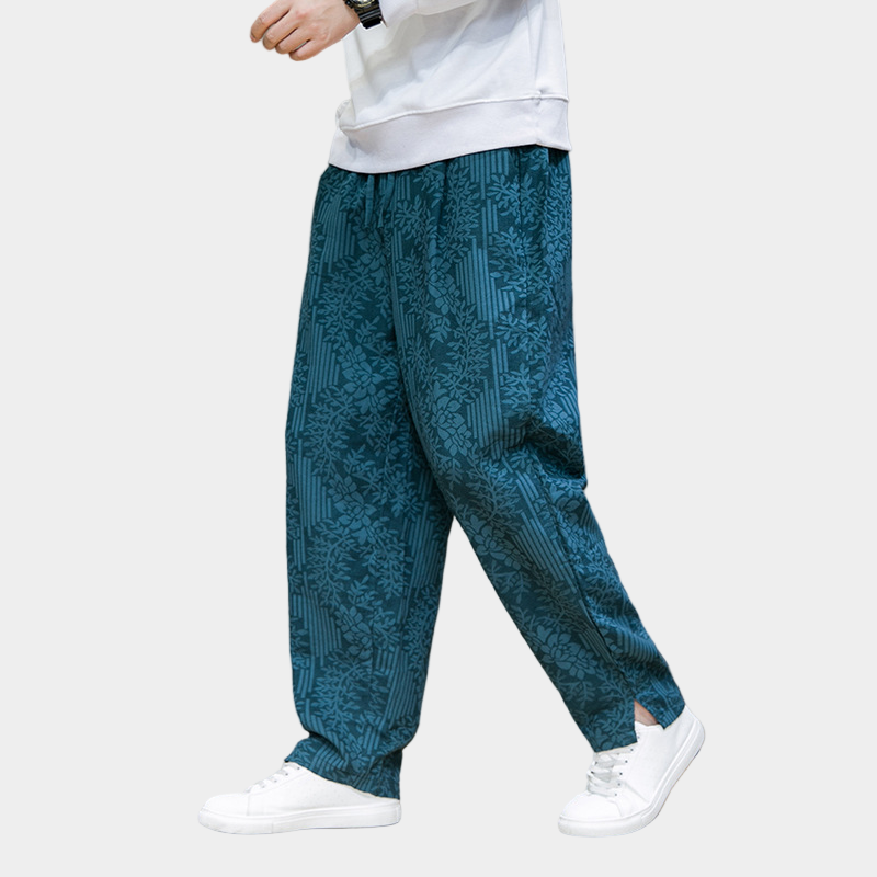 Pantalon de survêtement droit à fleurs en mélange lin-coton – Style urbain pour homme