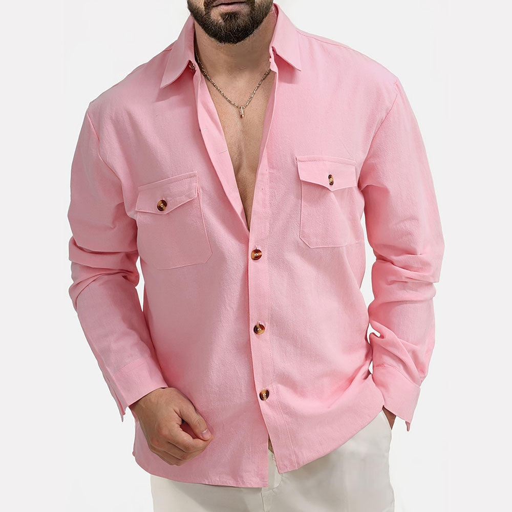 Chemise boutonnée décontractée en coton et lin avec poches poitrine pour homme