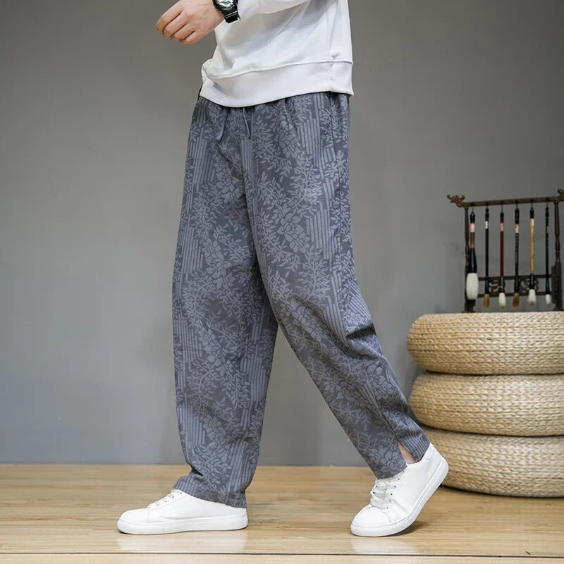 Pantalon de survêtement droit à fleurs en mélange lin-coton – Style urbain pour homme