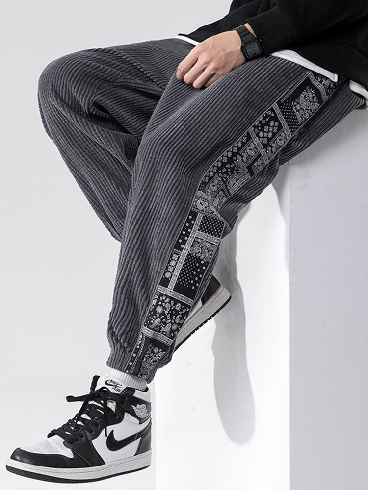Pantalon en velours côtelé à imprimé cachemire – Coupe décontractée style bohème