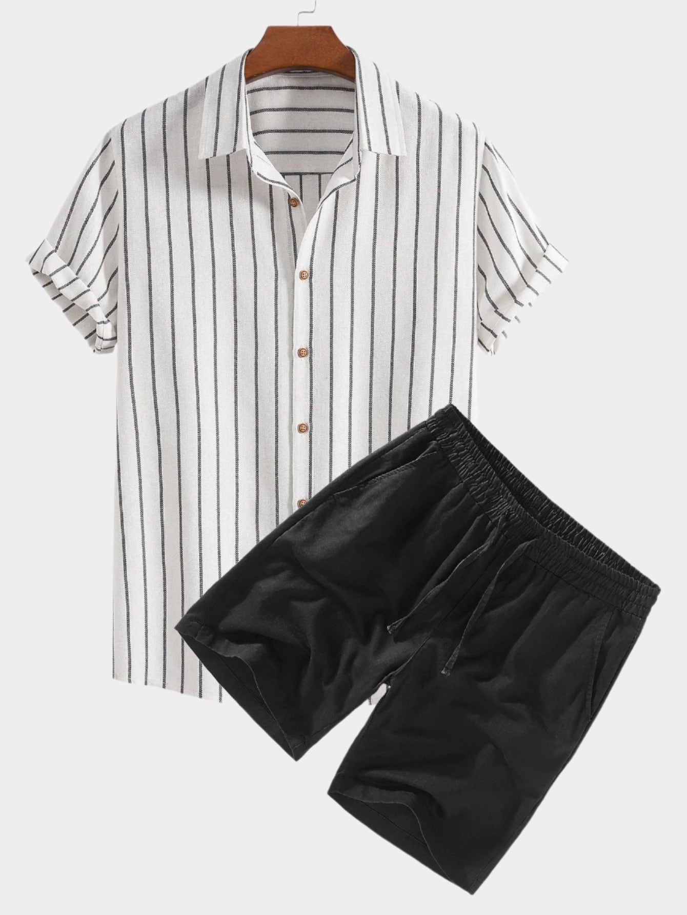 Chemise boutonnée rayée et short en lin deux ensembles pour un style estival décontracté