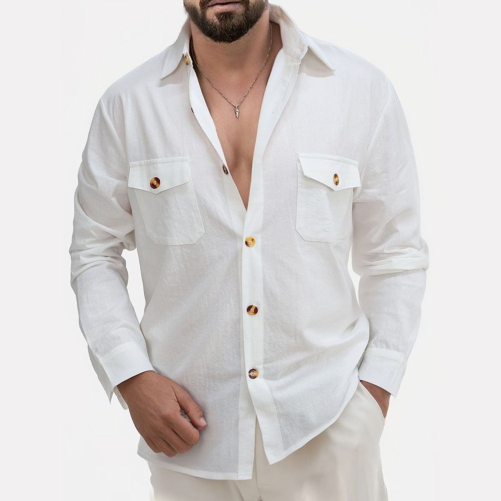 Chemise boutonnée décontractée en coton et lin avec poches poitrine pour homme