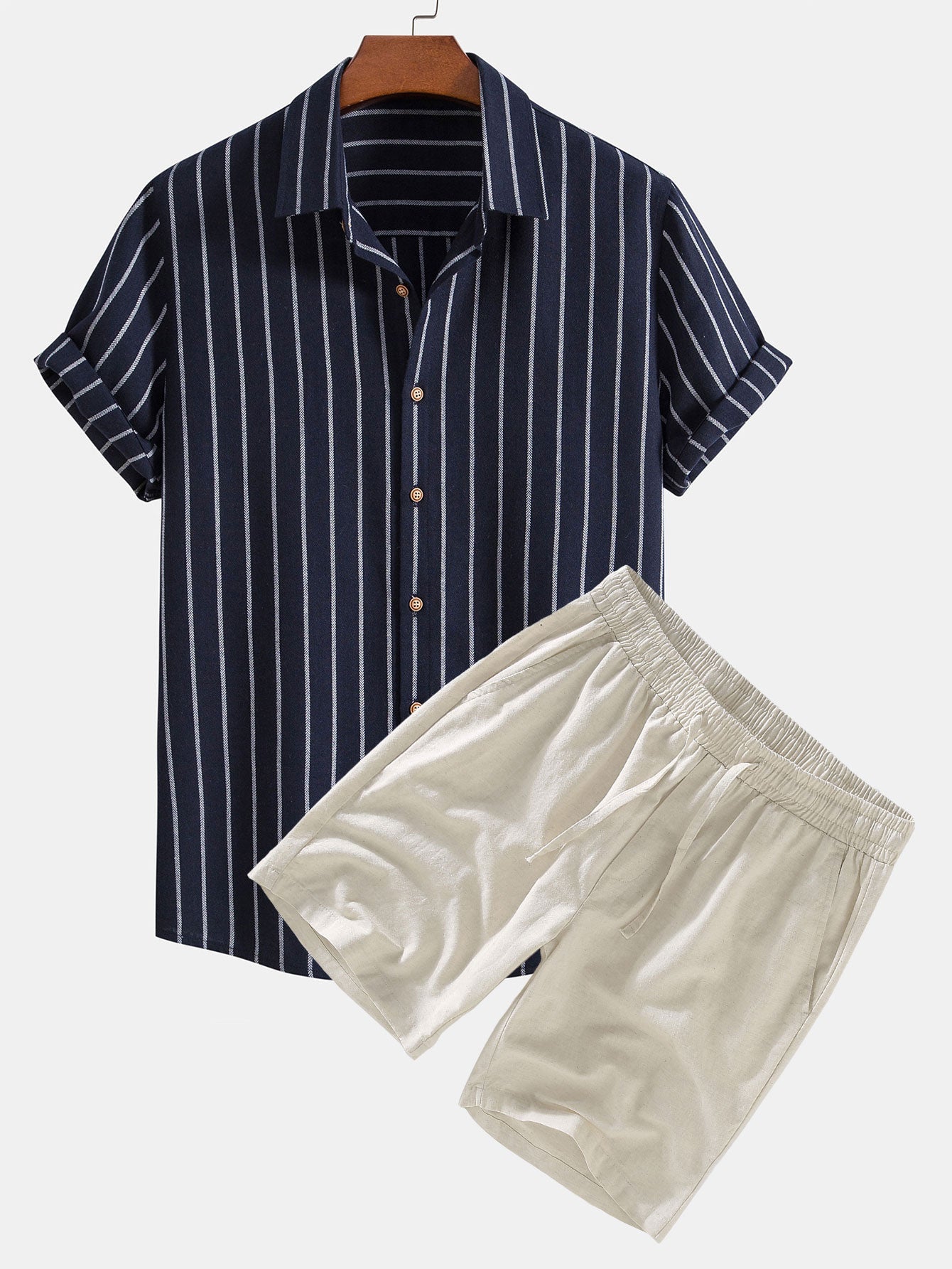 Chemise boutonnée rayée et short en lin deux ensembles pour un style estival décontracté
