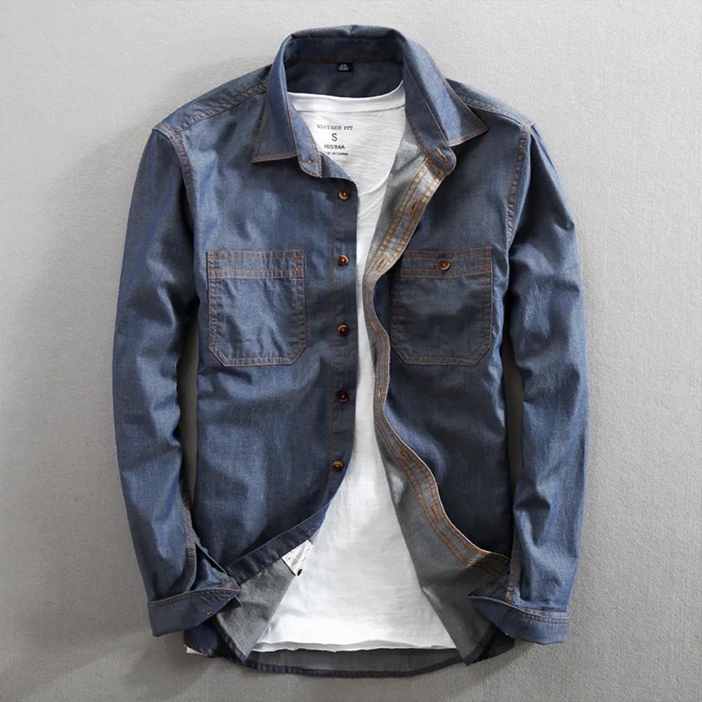 Chemise boutonnée en coton à manches longues avec deux poches poitrine pour homme