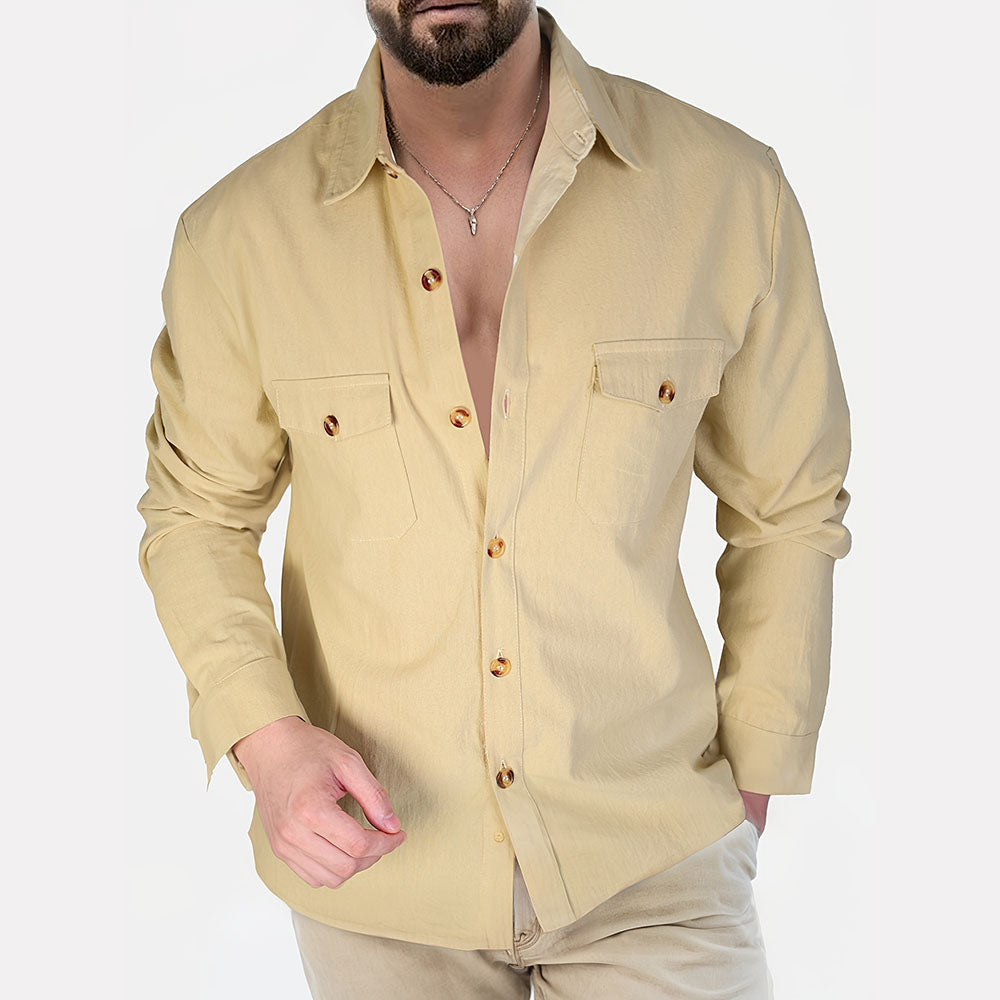 Chemise boutonnée décontractée en coton et lin avec poches poitrine pour homme