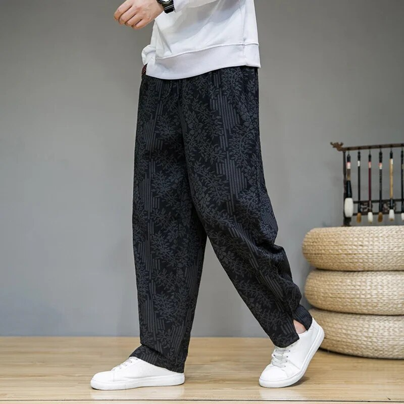 Pantalon de survêtement droit à fleurs en mélange lin-coton – Style urbain pour homme