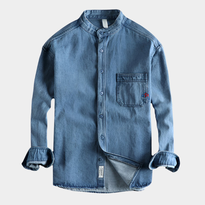 Chemise boutonnée en denim doux à manches longues et poche avant